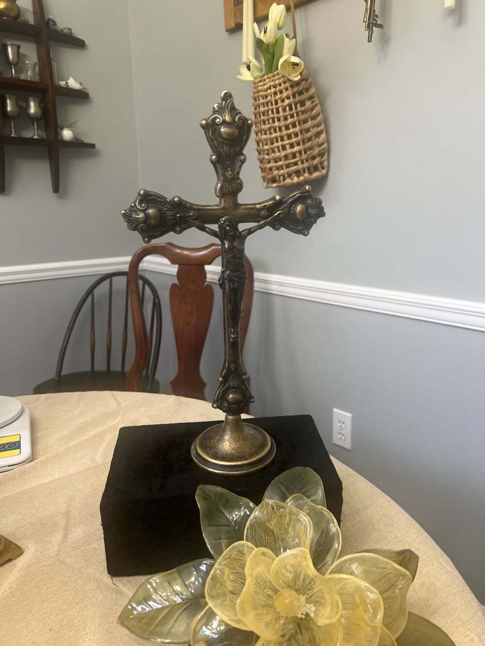 Vintage Ornate Brass Standing Crucifix Altar Cross 15.5"